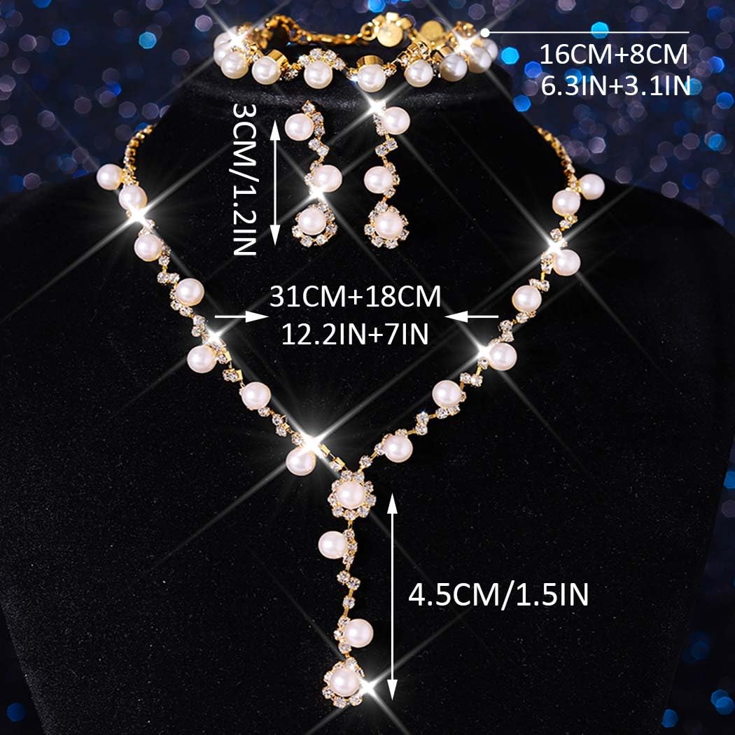 Unicra Gold Pearl Bridal Wedding Jewelry Set Rhinestone Necklace Earrings Bracelet Sets Formal Costume Jewelry for Women and Bri