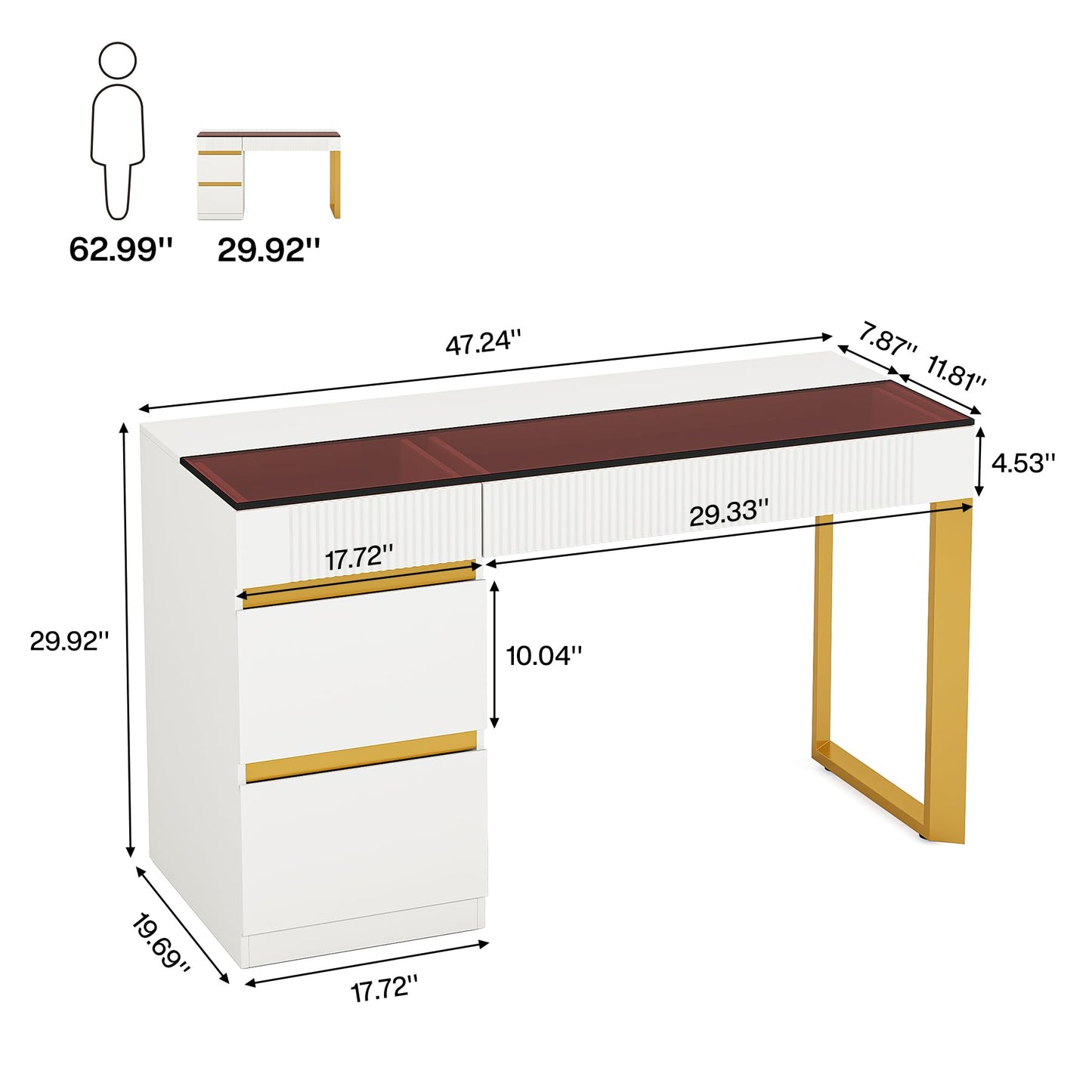 Tribesigns Computer Desk with 4 Drawers, 47 Inch Modern Home Office Desk with Glass Top, White and Gold Writing Workstation Desk with Storage, Makeup Vanity Table for Living Room, Bedroom