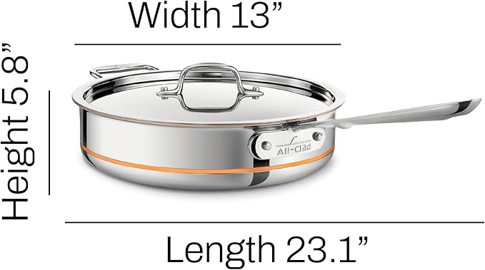 All-Clad Copper Core 5-Ply Stainless Steel Sauté Pan with Steel Lid 5 Quart Induction Oven Broiler Safe 600F Pots and Pans, Cookware Silver