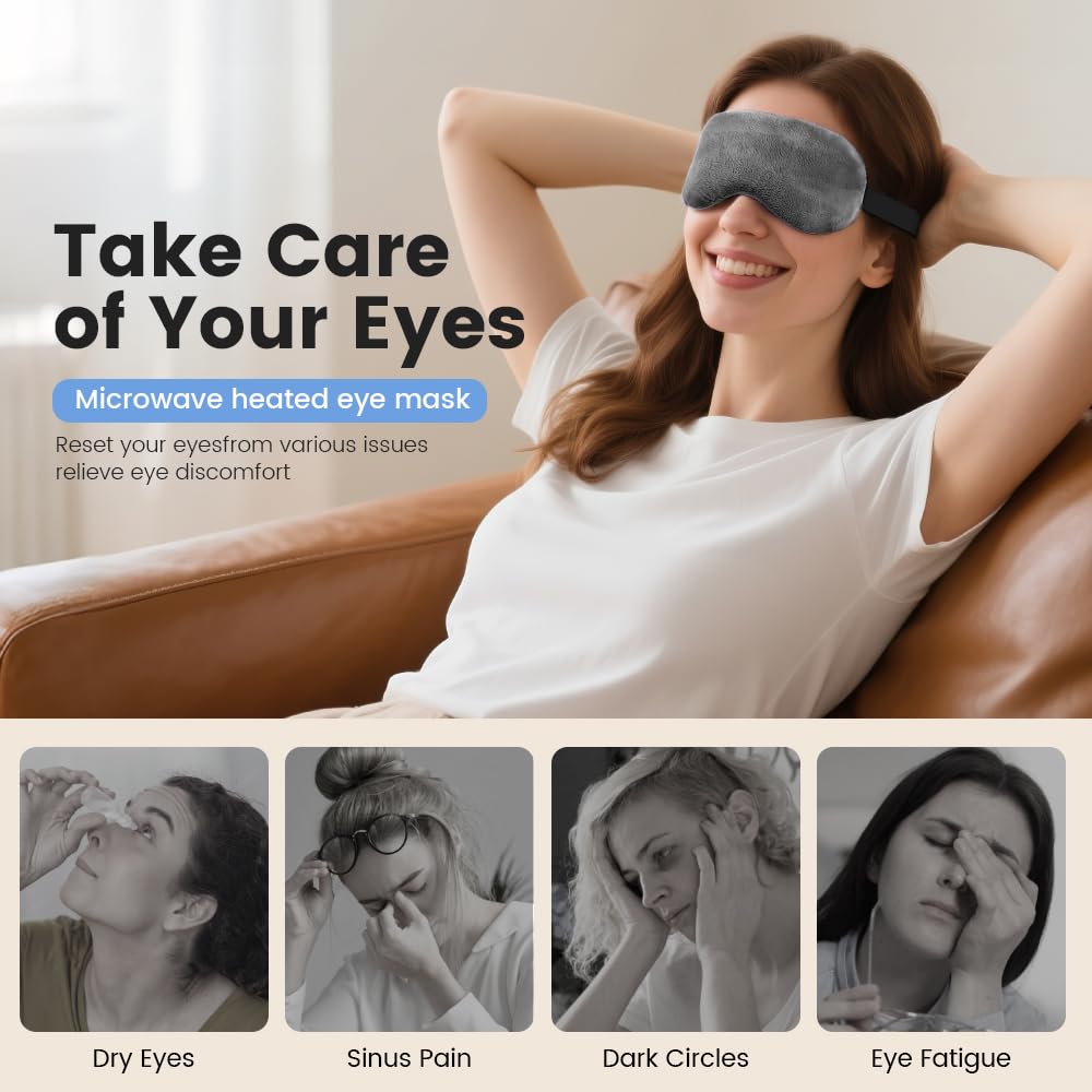 Microwave Heated Eye Mask, Steam Warm Compress for Dry Eyes, Work with Relieve, Blepharitis & Stye Treatment (Gray) - 2 Pack