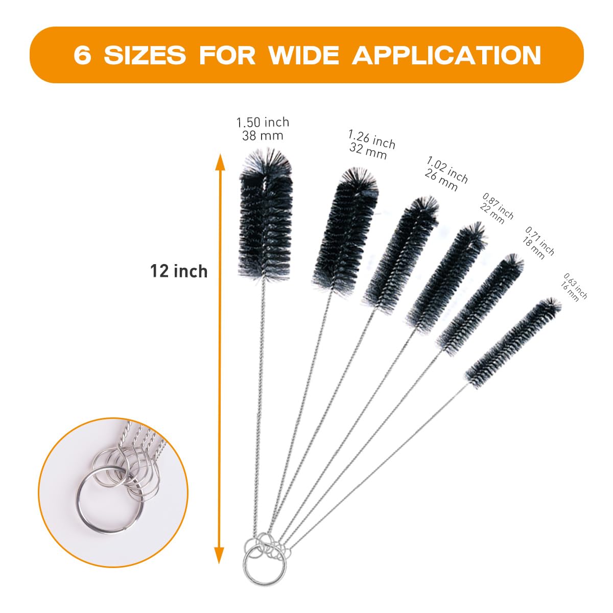 Brush Family Straw Cleaner Brush Set,6 Piece 12" Long Pipe Tube Bottle Brushes for Cleaning Narrow Neck Bottles,Coffee Maker,Glass Cups
