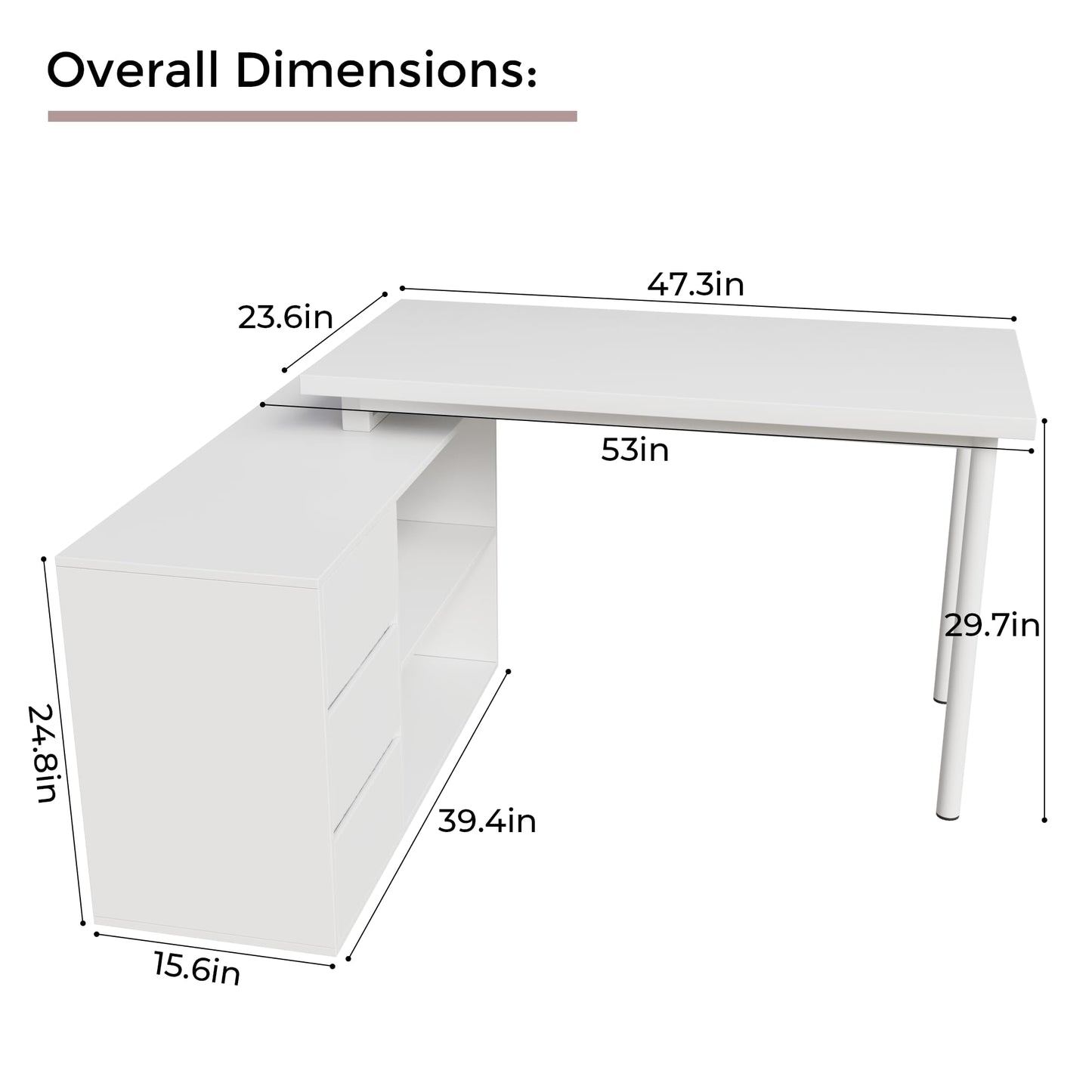 Jiaoun Home Office Computer Desk Corner Desk with 3 Drawers and 2 Shelves, 53-inch L-Shaped Study Desk with Storage, White