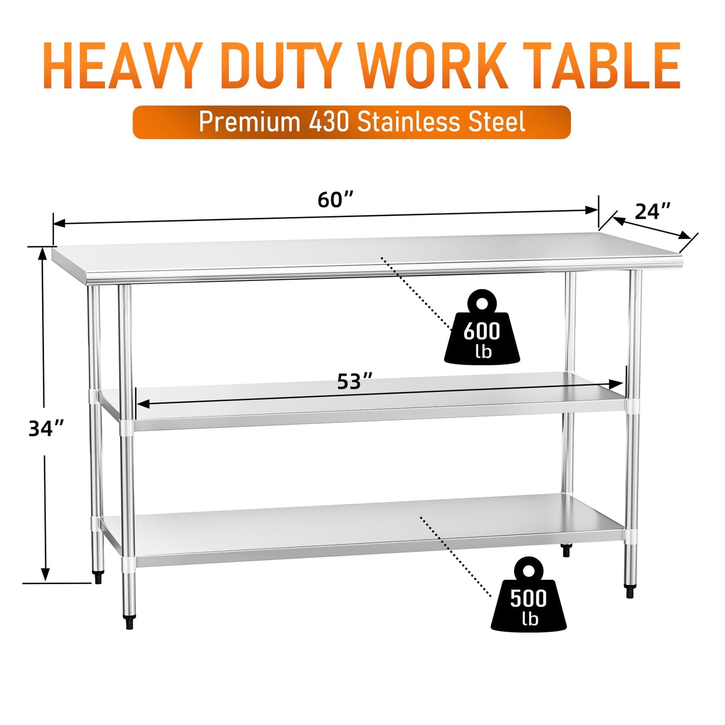 HOCCOT Stainless Steel Table for Food Prep & Work 24 x 60 inches with 2 Adjustable Undershelves, Commercial Workstation in Kitchen, Garage, Outdoor BBQ