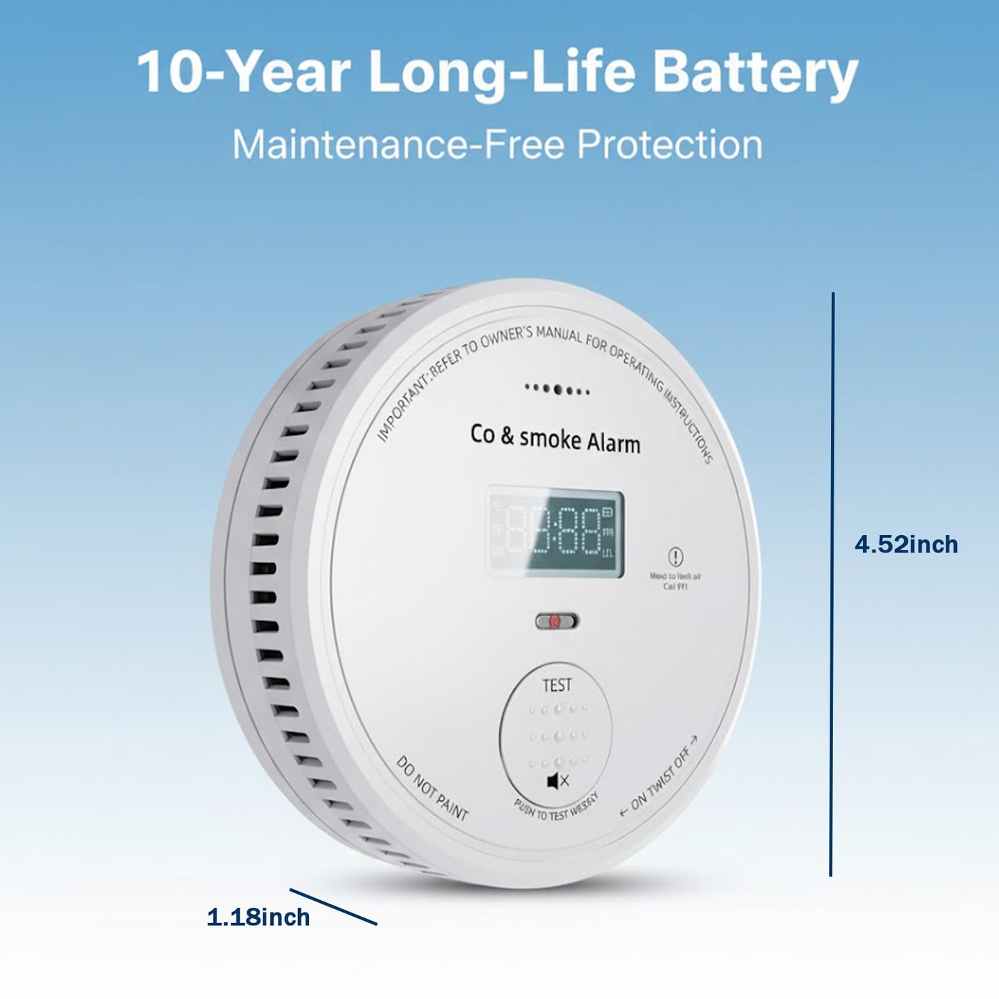 2-in-1 Smoke & CO Detector, 10-Year Battery, LCD Digital Display, 85dB Buzzer, Easy Mount for Home Use