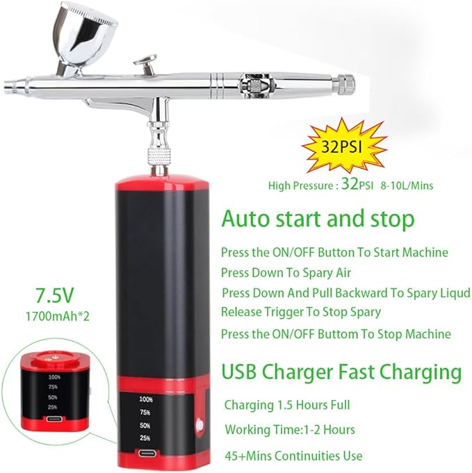 Casubaris Portable mini Airbrush kit with Holder Stable for Both air Brush Pen and Rechargeable Airbrush Compressor with Replaceable Battery for Nail,Barber,Models,Art,Cake Decorations etc.
