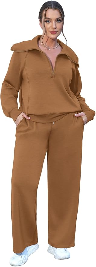 XIEERDUO Lounge Sets For Women 2025 Half Zip Sweatshirt And Wide Leg Sweatpant 2 Piece Outfits Sweatsuit Tracksuit