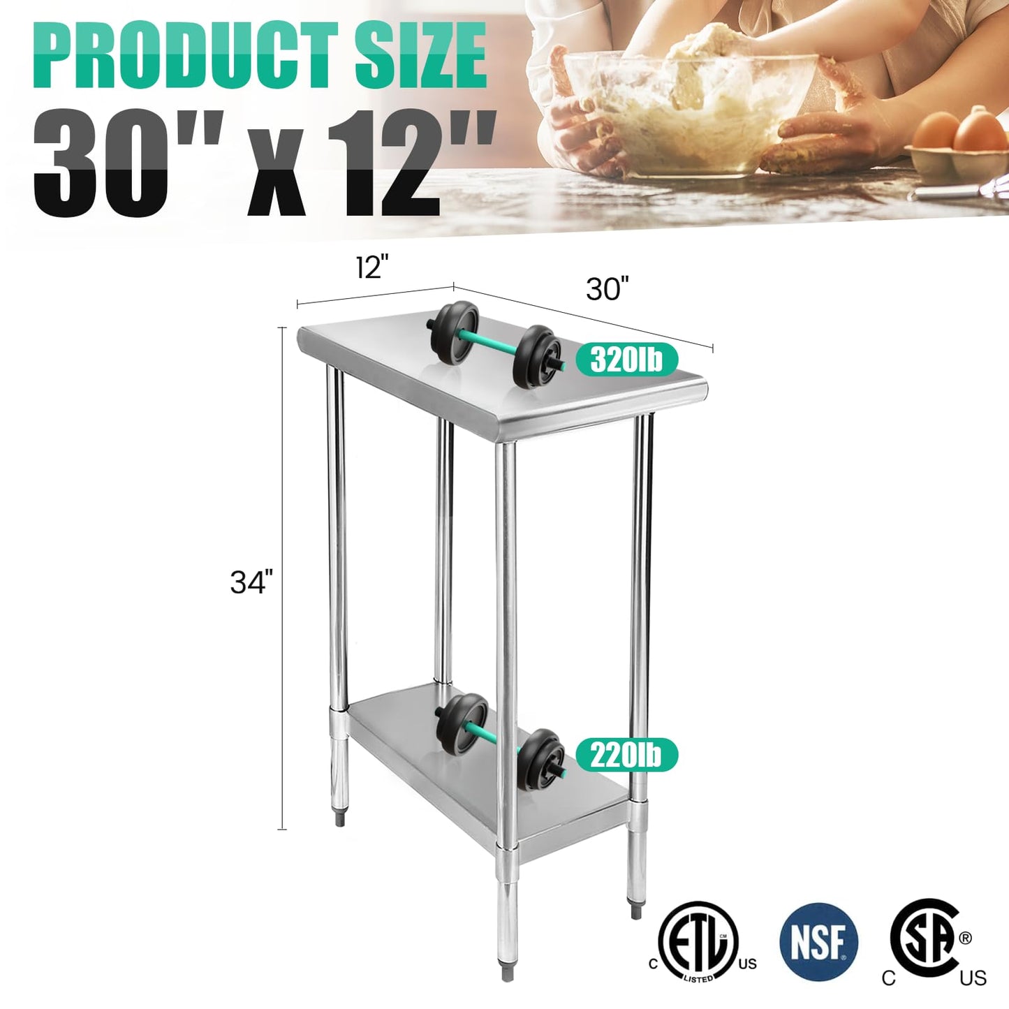 STABLEINK NSF Stainless Steel Table 30 x 12 Inches, Metal Prep & Work Table with Adjustable Undershelf, for Commercial Kitchen, Restaurant, Hotel and Garage,Small Tables