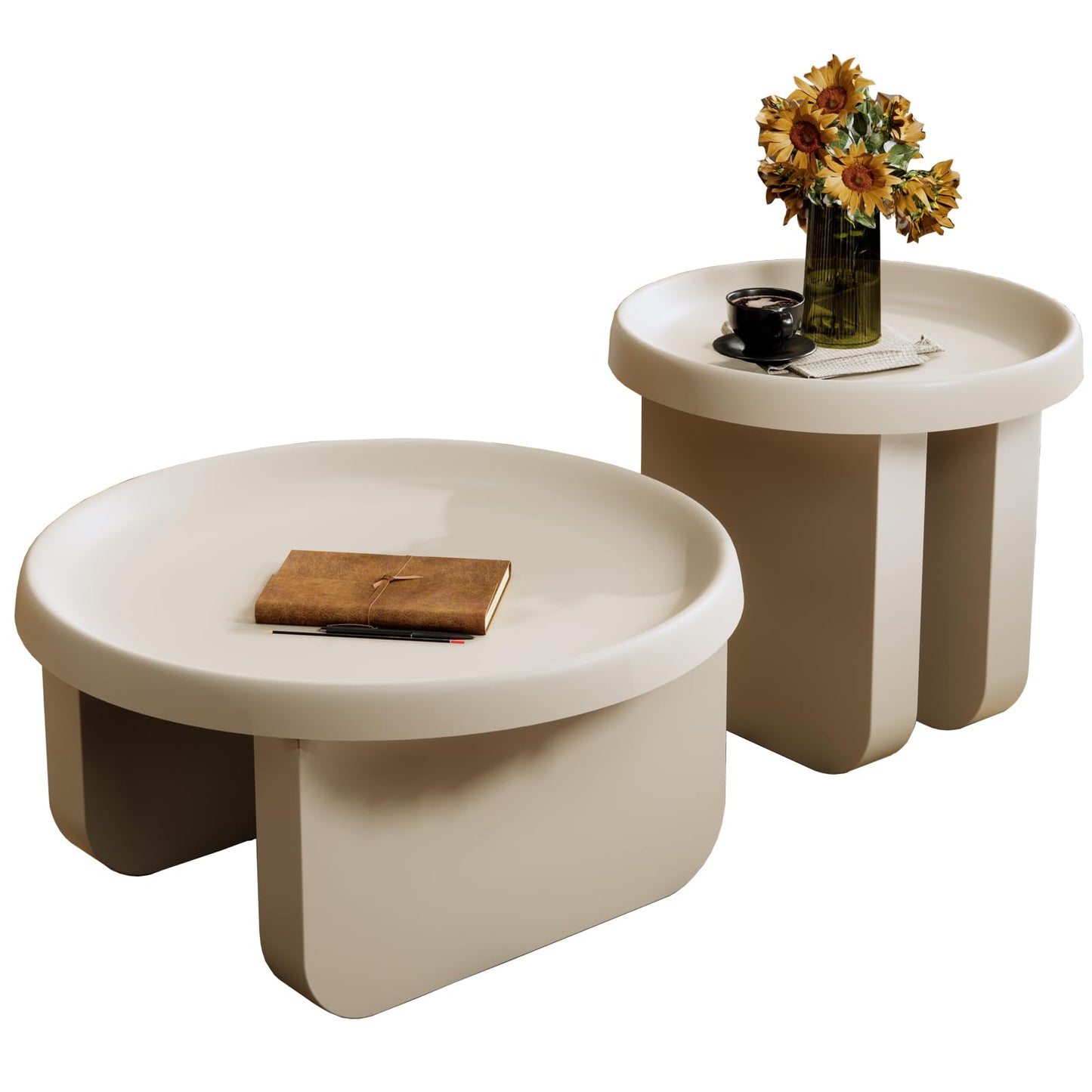 BUZUEY White Round Coffee Table, Modern Metal Center Table, Unique Circle Design for Living Room, Nested Design with Large and Small Tables