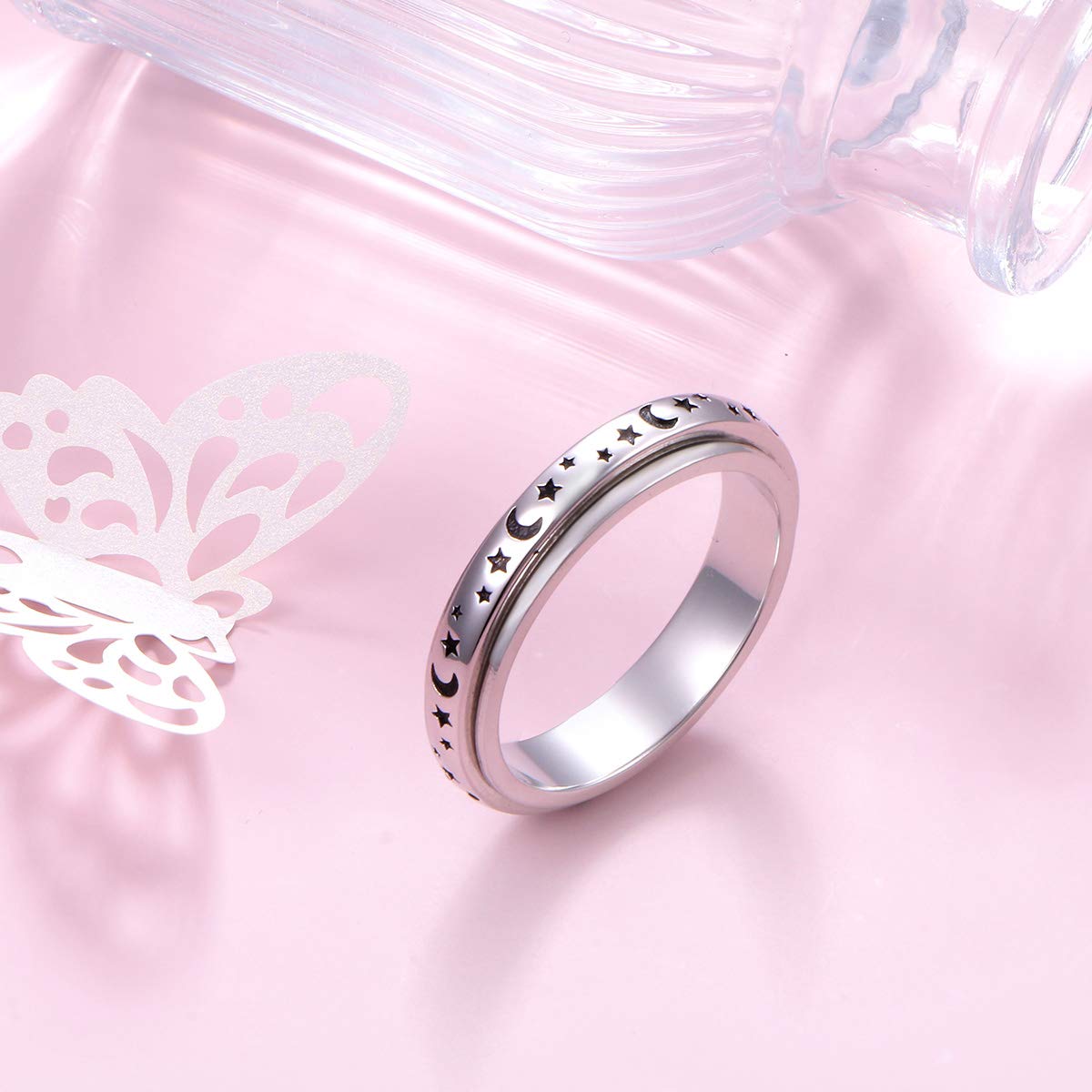 S925 Sterling Silver Spinner Fidget Anxiety Worry Relieving Boredom ADHD Autism Band Rings Moon Stars Spin