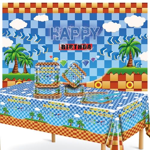 60 Pcs Hedgehog Birthday Party Supplies,Video Game Themed Decorations, Plates, Forks, Games, and Favors for Kids' Celebration