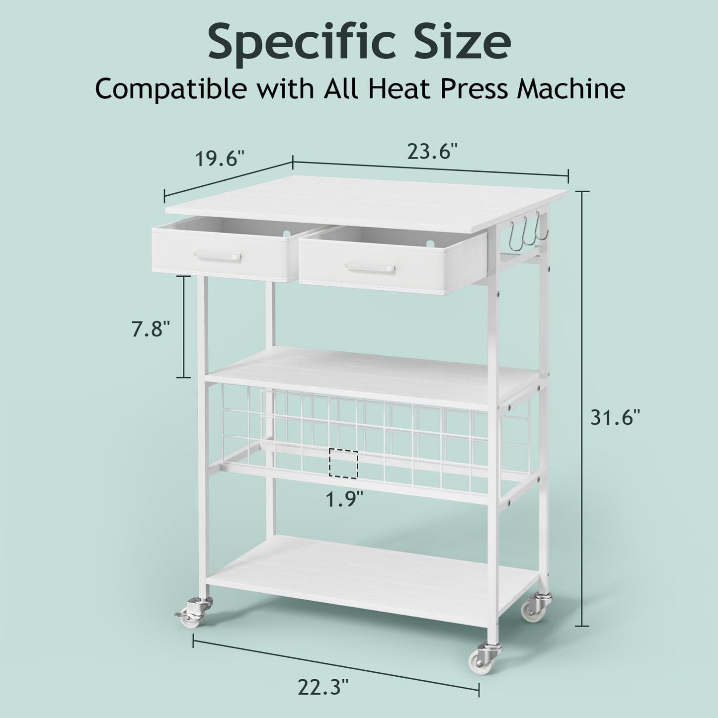 Homsorout Movable Heat Press Table - Heat Transfer Machine Stand Compatible for Cricut, Vinyl Roll Holder, Rolling Metal Wood Sublimation Printer Organizer for T Shirt Maker Craft, 23.6''×19.6''