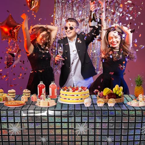 FunnyPars 3 Pack Disco Tablecloth Party Decorations, Shiny Iridescent Disposable Laser Rectangle Table Covers, Silver Plas...