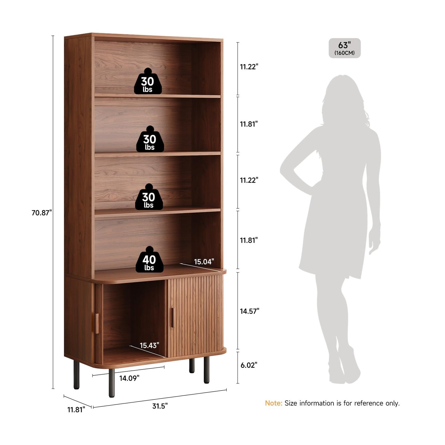ONBRILL 71" Tall Bookshelf, 4-Tier Bookcase with Storage Cabinet & Adjustable Storage Shelves, Floor Standing Wooden Bookshelf with Sliding Door and Adjustable Footpad, for Home Office, Living Room