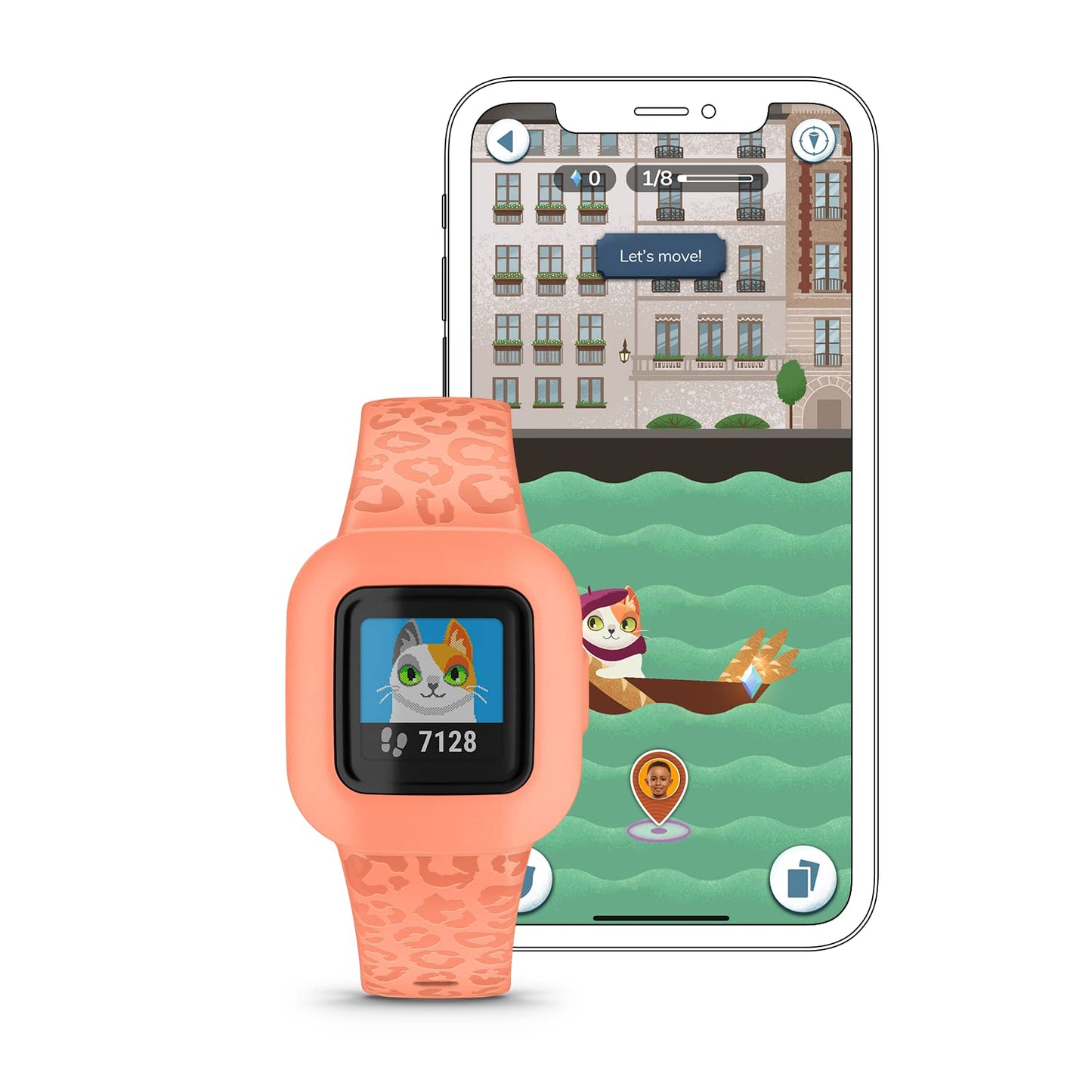 Garmin V Vofit Jr. 3 Kids Fitness Tracker, Peach Leopard, Up To 1 Year Battery Life, Swim-Friendly, Activity Unlocks Adventure