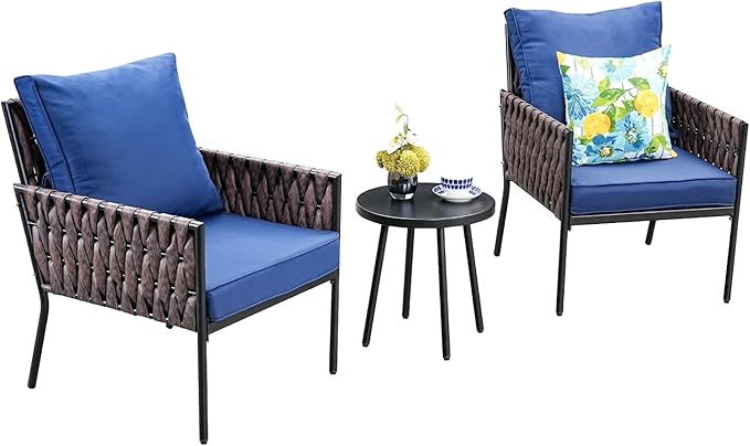 SunloungeCo Patio Furniture Set, 3-Piece Wider Outdoor Metal Seating Sofa with High Back, Coffee Ta ble, All Weather Rattan Conversation for Garden,Backyard, Poolside-Navy