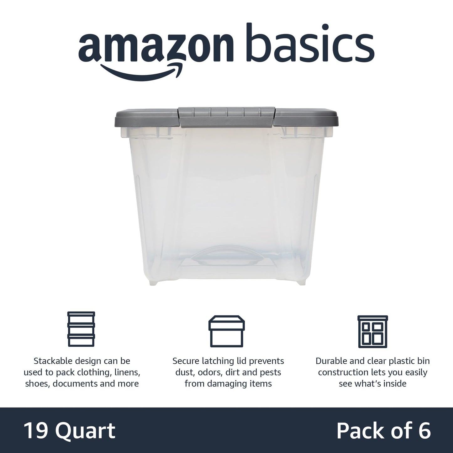 Amazon Basics Plastic Storage Containers with Secure Latching Lids, Stackable Organization Bins, Clear/Grey, 19 Quart, Set of 6