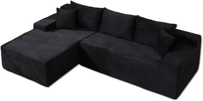 105’’ L-Shape Modular Sectional Sofa with Chaise, Convertible Cloud Couch, Corduroy Fabric & High-Density Memory Foam, No Assembly Required for Living Room (Black, Left Facing Chaise)