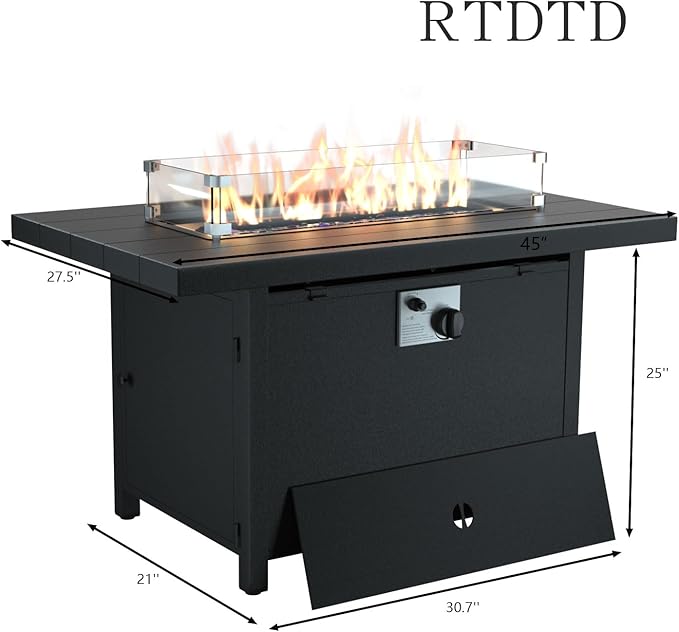 RTDTD Aluminum Outdoor Patio Furniture Set,4 Pieces 7 Seats Patio Conversation Sets with 45" Propane Fire Pit Table,Metal Patio Sectional Furniture Set w/5.1" Cushions for Porch,Deck,Backyard,Sand