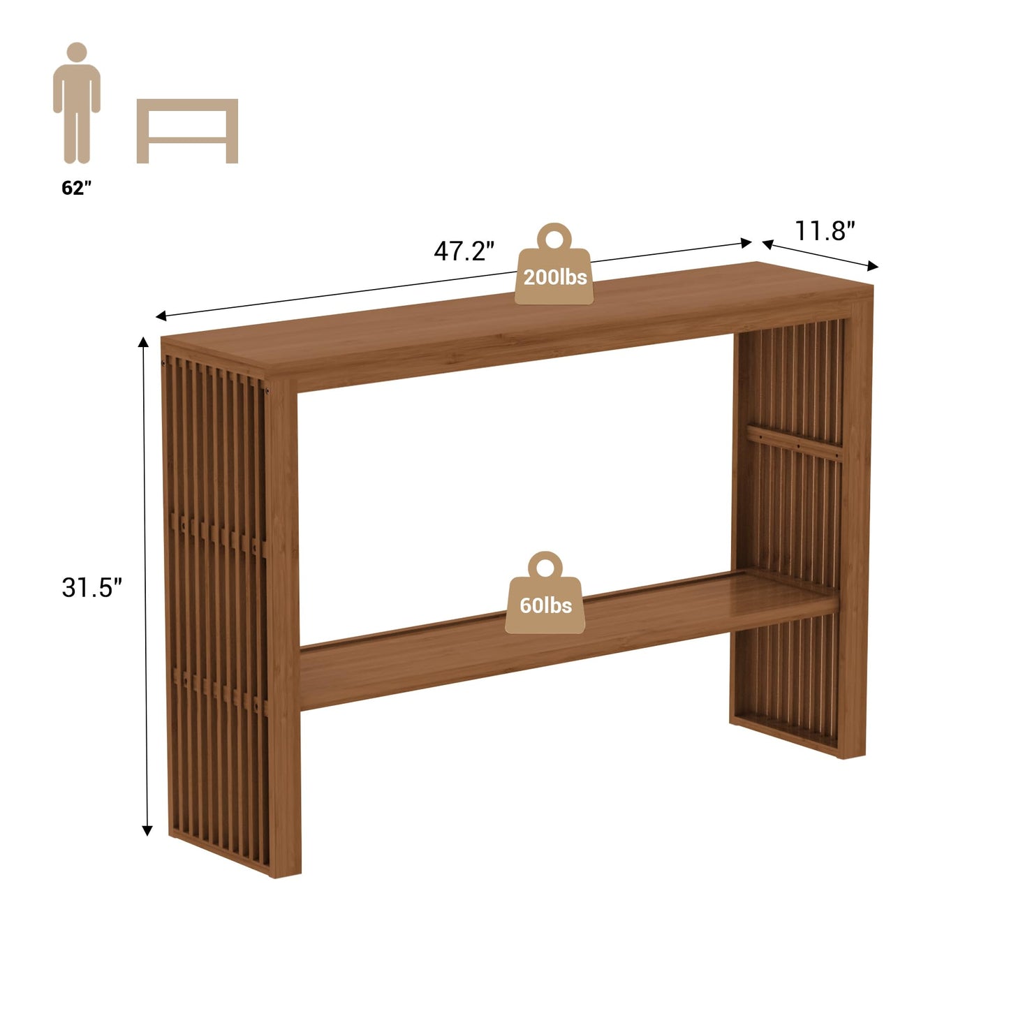 Bamboonova Bamboo Wood Entryway Table 47.2" Console Table, 2-Tier Farmhouse Narrow Sofa Table with Grille-Inspired Sides Easy Assembly for Entrance, Hallway, Living Room, Bedroom, Foyer(Walnut)