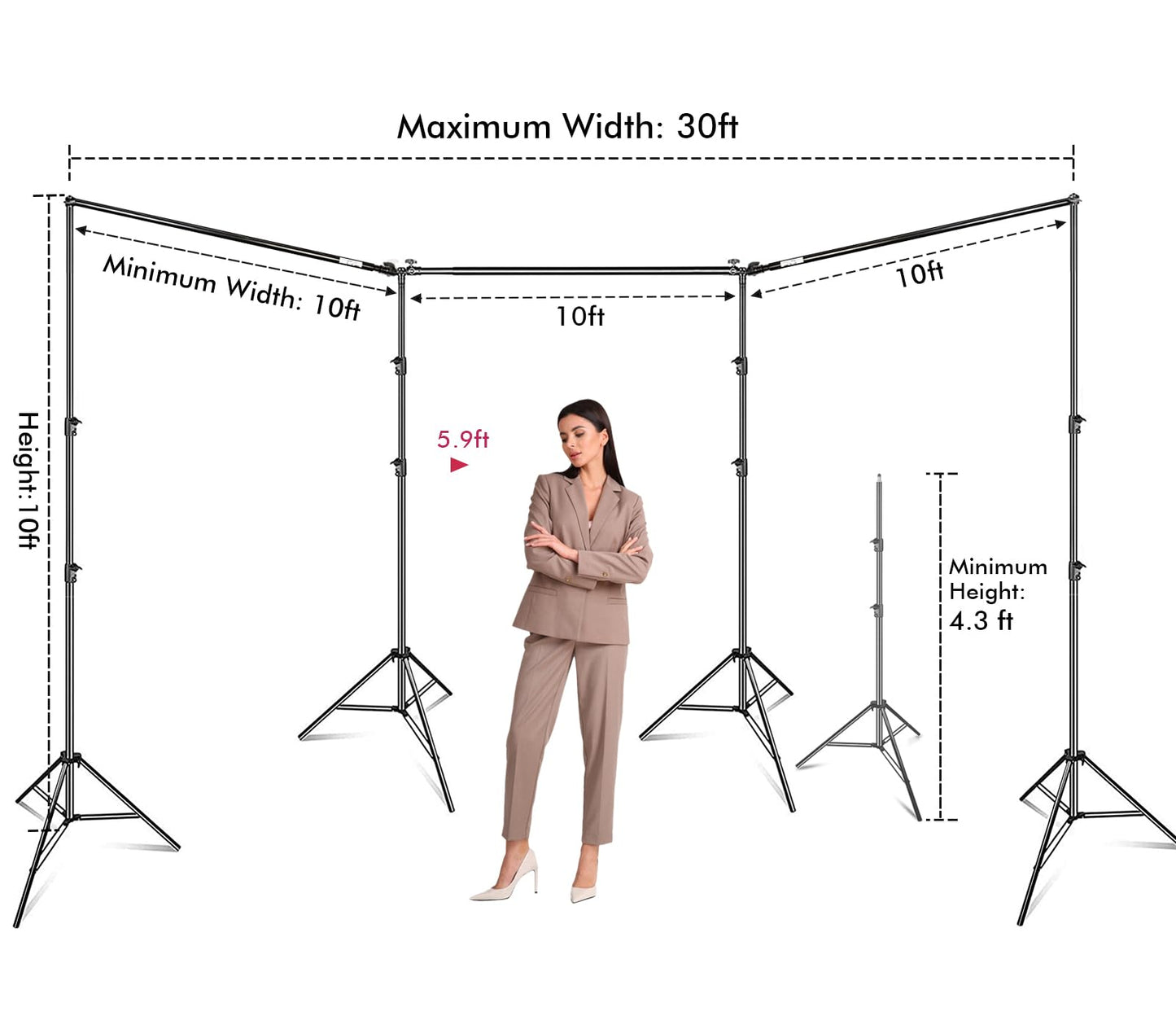 HYJ-INC Photo Video Studio 30ft (Wide) x 10ft (Tall) Heavy Duty Adjustable Width & Length Photography Backdrop Stand Background Support System Kit with 9pcs Clamps, 4pcs Sandbags, Carry Bag