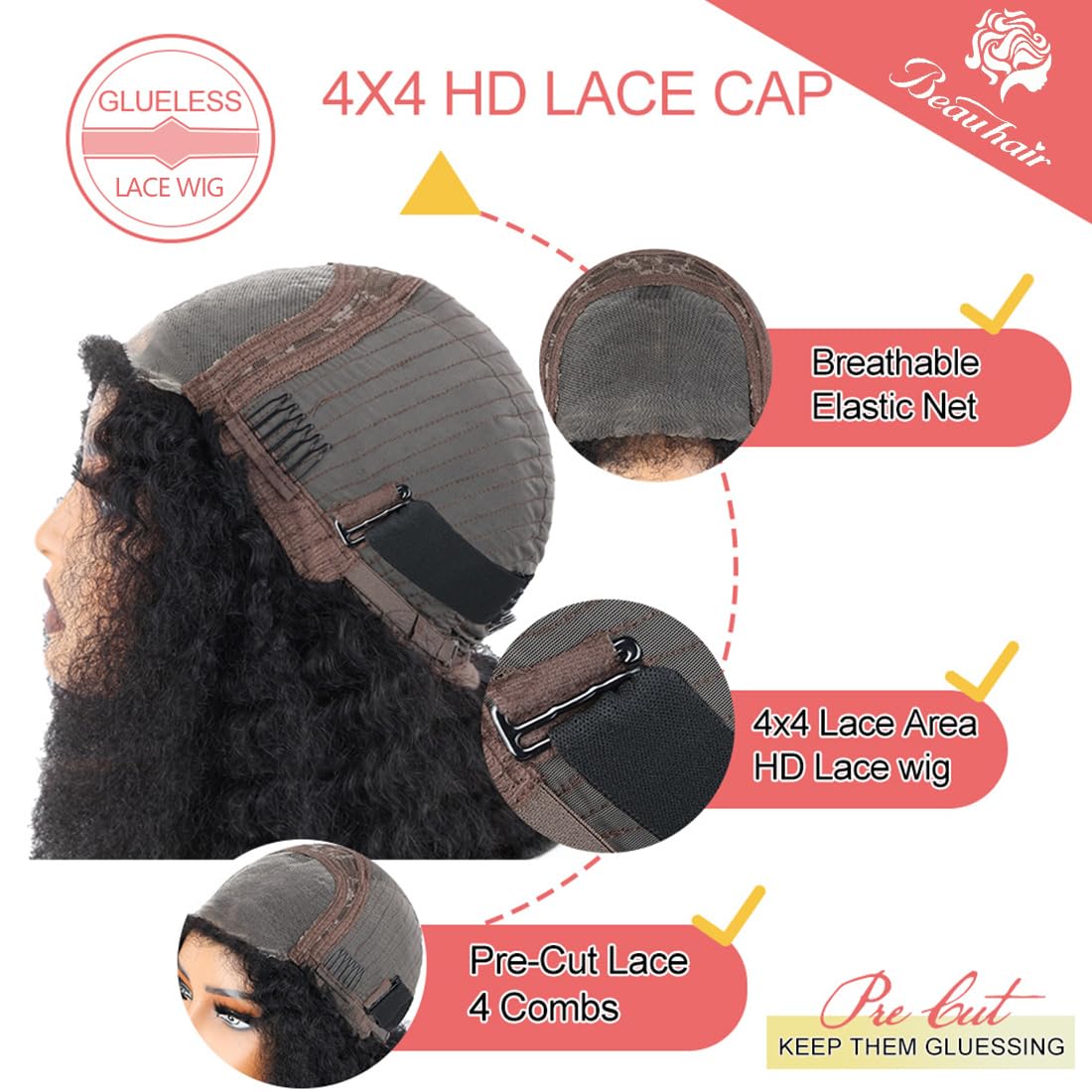 Beauhair Glueless Kinky Curly Wigs Human Hair 4x4 HD Lace Closure Afro Curly Wigs for Black Women Wear and Go 210 Density Wig wi