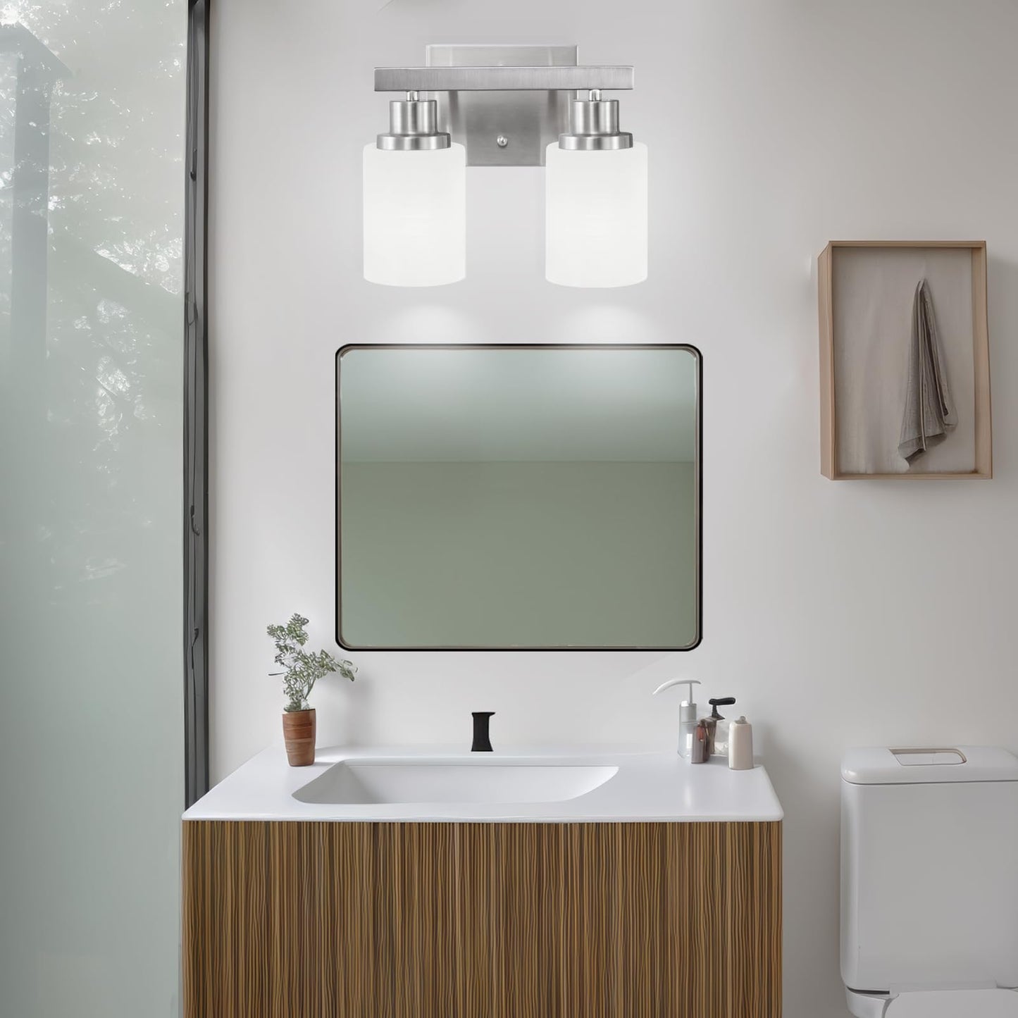 DIKAIDA Bathroom Light Fixtures Over Mirror, 2-Light Modern Nickel Vanity Lights with White Glass Shade, Bathroom Wall Lamp Sconces for Mirror Bedroom, Living Room Hallway Small Space
