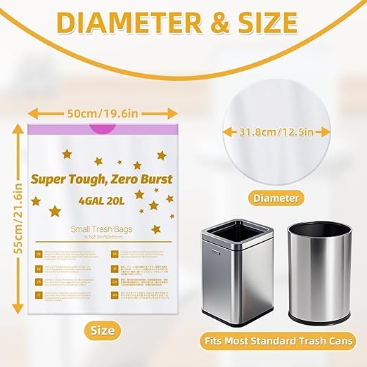 OKKEAI 4 Gallon Small Trash Bag Drawstring. 60 Count White Heavy Duty Trash Bags Tear & Leak-Proof Wastebasket Liners with Safety Warning for Bathroom, Kitchen, Bedroom, Office