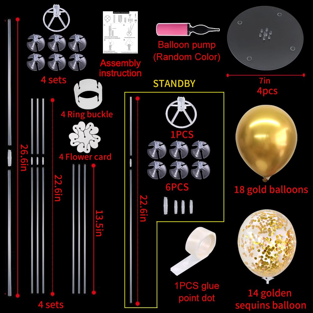 TONIFUL 4 Set Gold Balloon Centerpieces for Table, Balloon Stand Kit for Party Centerpiece Table Decorations, 50th 60th 70 th 80th 90th 100th Birthday Decorations Graduation Decoration 2025 New Years