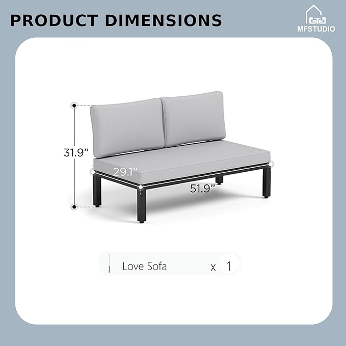 MFSTUDIO 2 Seat Patio Furniture Set,Outdoor Metal Frame Patio Sectional Sofa Conversation Set with Removable Cushion for Backyard,Garden
