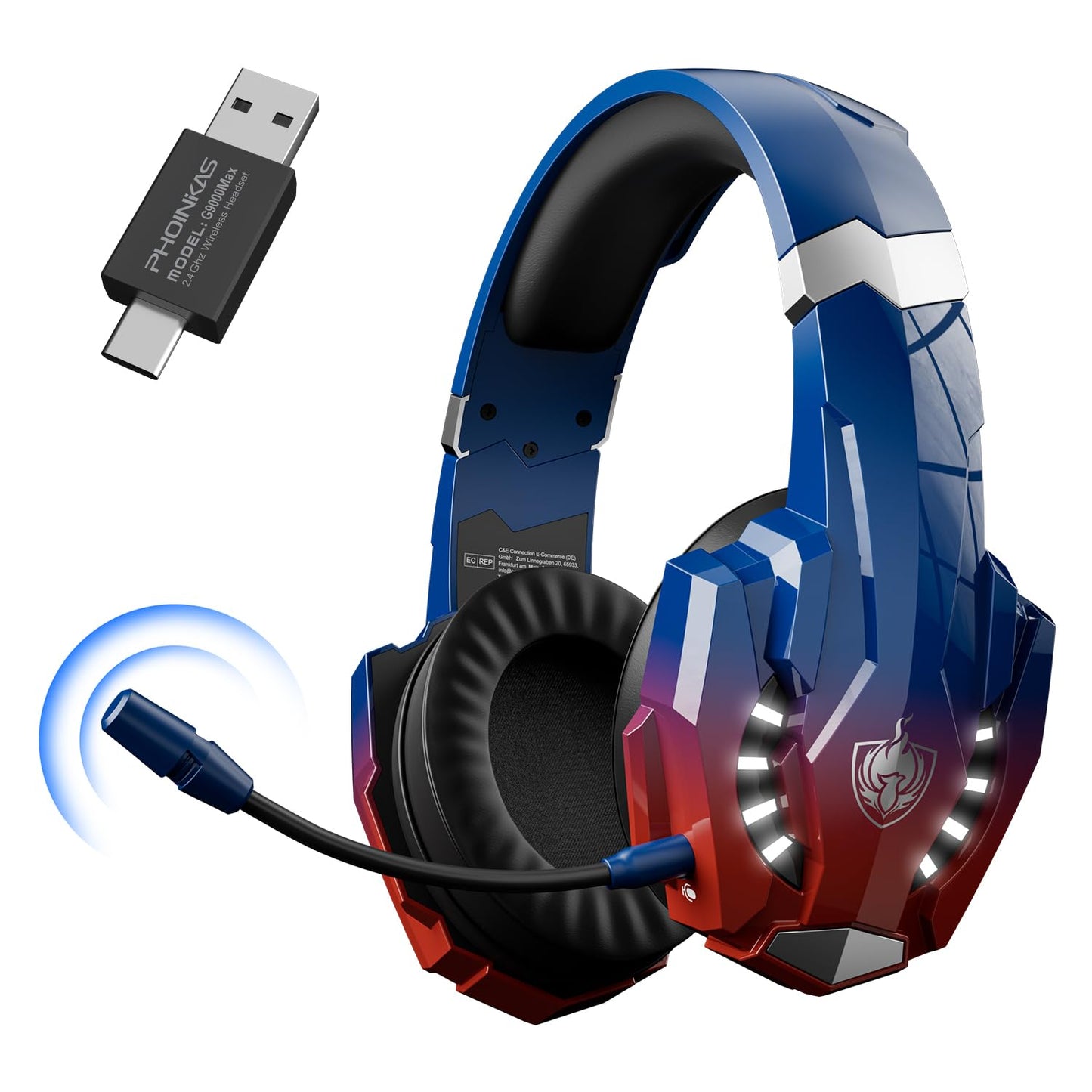 PHOINIKAS 2.4GHz Wireless Gaming Headset for PS5, PS4, PC, Switch, Gaming Over Ear Wireless Headphones with Noise Canceling Mic,