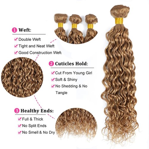 Color #27 Honey Blonde Water Wave Human Hair Bundles 22 24 26 Inch Brazilian Remy Hair Extensions - Wet and Wavy