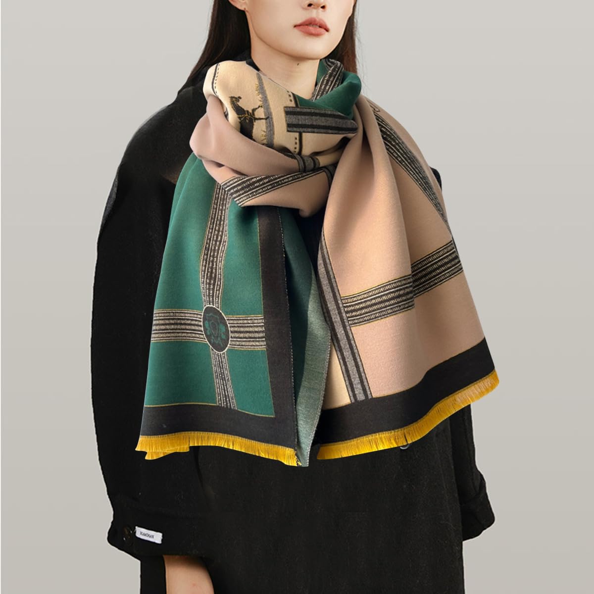 LumiSyne Winter Scarf Cashmere Shawl Women Color Blocked Horse Pattern Reversible Scarf With Tassel Pashmina Shawls And Wraps