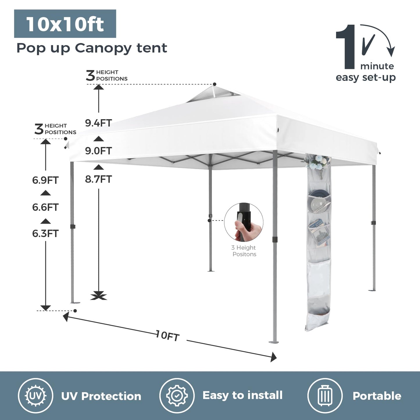 GREEN PARTY 10x10 ft Pop Up Canopy Tent, 1-Person Setup Instant Outdoor Canopy with Vented Top, Wheeled Carry Bag, 4 Ropes & 4 Sandbag -White