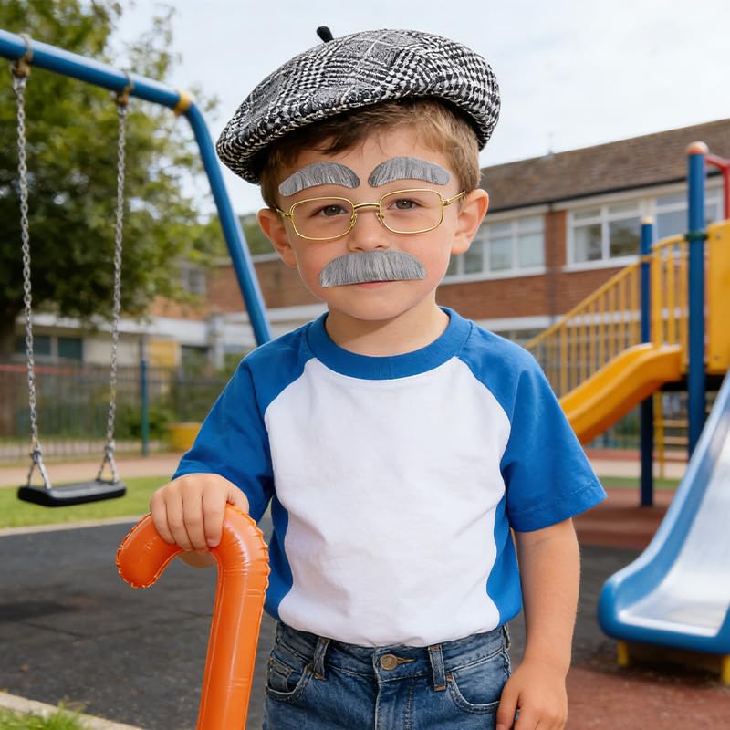 5 Pcs Old Man Costume Set Including Glasses Inflatable Cane Moustache Beret Hat Eyebrows,100 Days of School Costumes Acces...