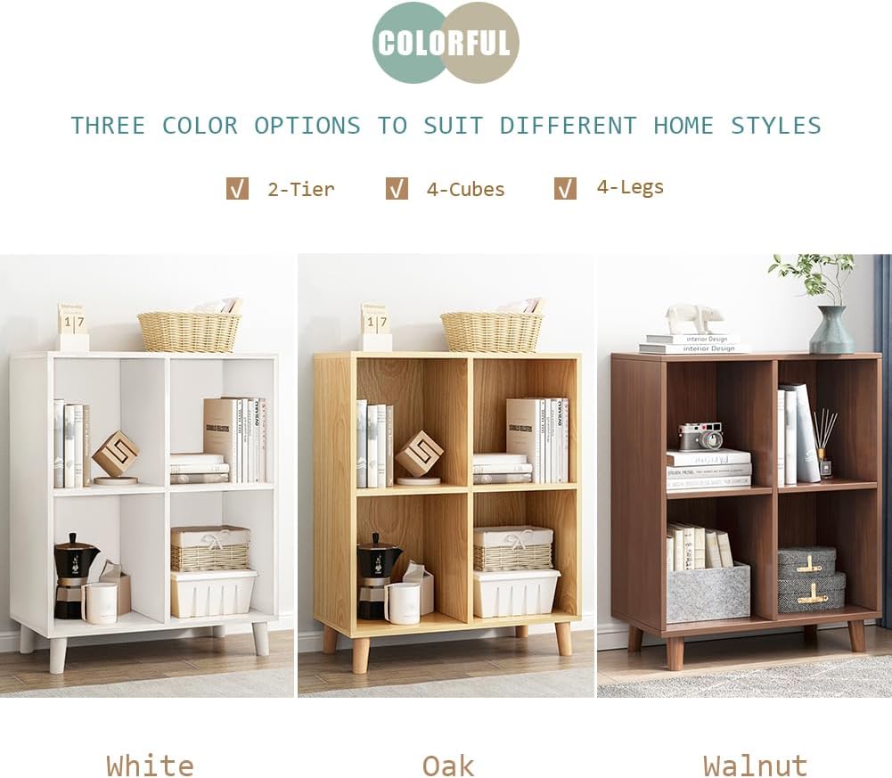 IOTXY Freestanding Open Cubes Bookcase - 2-Tier Floor Standing Wooden Storage Display Cabinet Organizer with Legs for Home Office, 4-Cubes Open Shelf Low Short Bookshelf, Oak