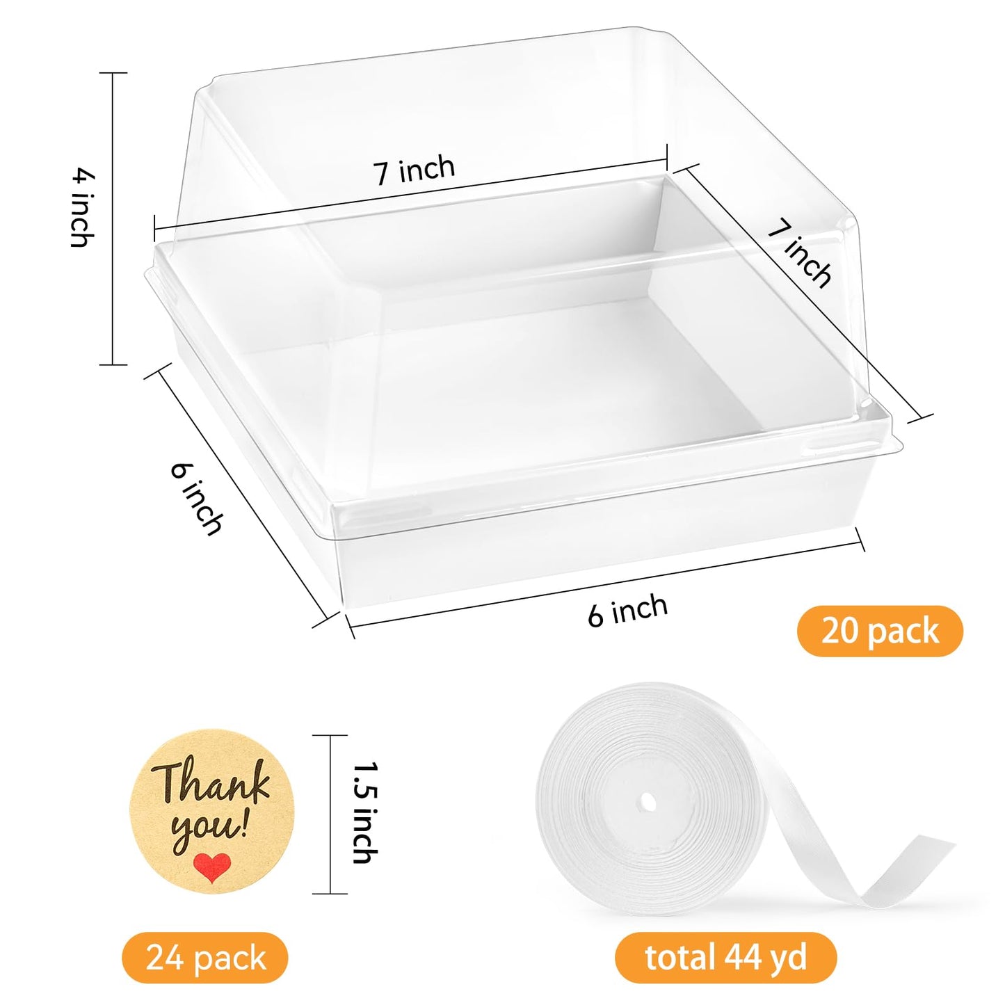 Kucoele 7 x 7 x 4 Inches White Paper Cake Boxes with Clear Lids, 20 Pack Square Charcuterie Boxes Disposable To Go Food Containers for 4-6 Inch Cake, Jumbo Cupcakes, Bakeries