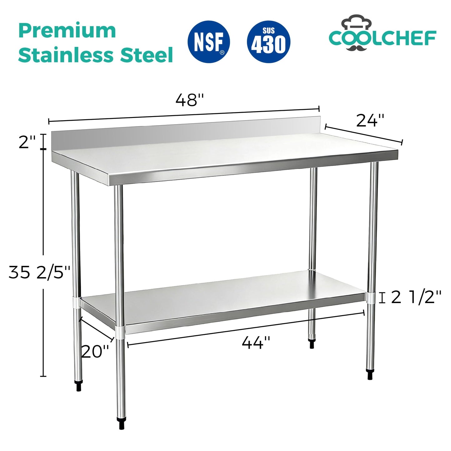 Okeyolive Stainless Steel Work Table 24 x 48 Inch, NSF Commercial Prep Table with Undershelf, Heavy Duty Food Prep Workstation with Backsplash