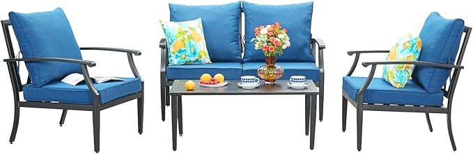 SunloungeCo 4-Piece Patio Furniture Set, Wider Outdoor Metal Seating Sofa with High Back & Loveseat, Coffee Table, All Weather Metal Conversation Set for Backyard, Poolside, Deck-Peacock