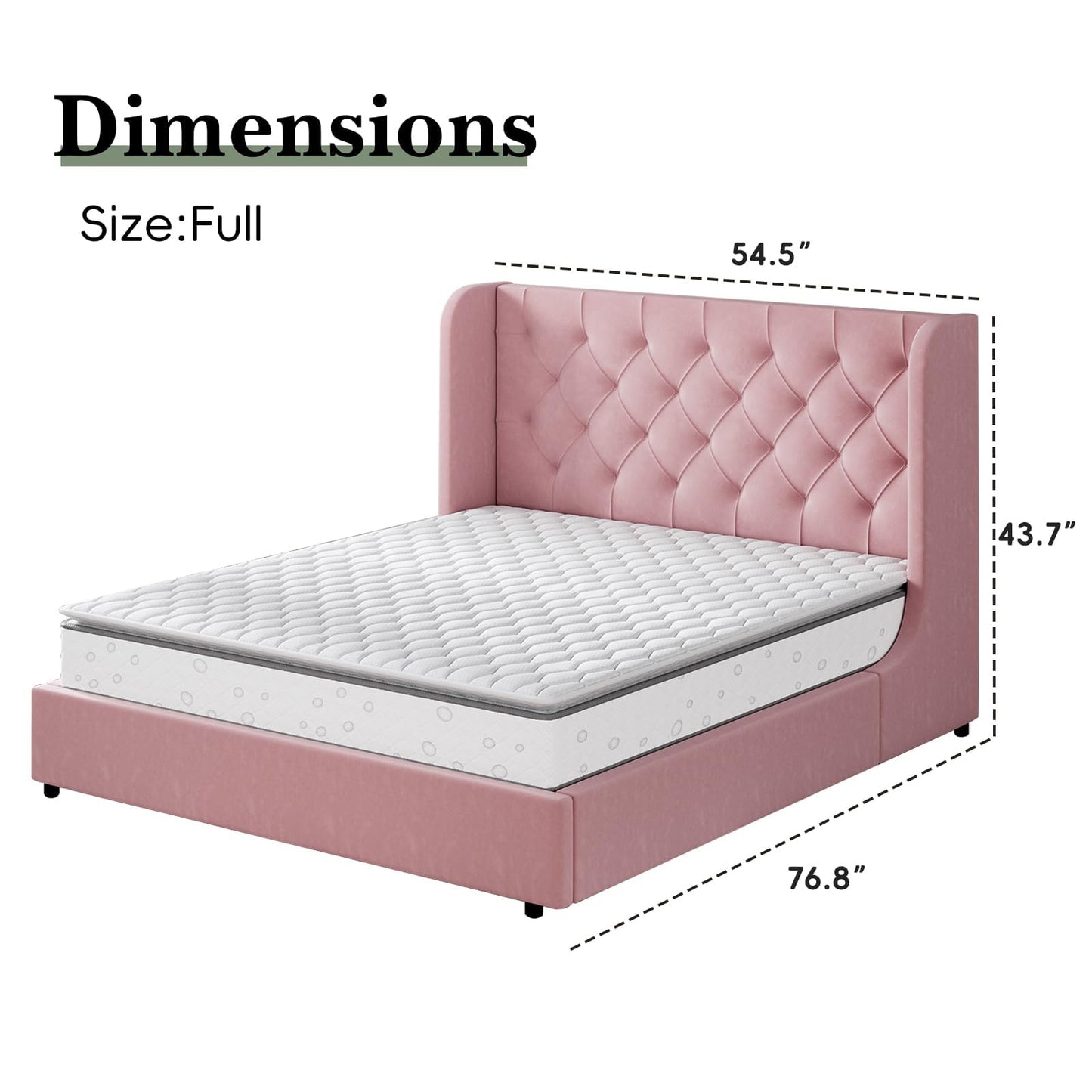 HOMBCK Pink Full Size Bed Frame, Upholstered Platform Bed Frame with Velvet Tufted Headboard, Curved Wingback Design, Wooden Slats, No Box Spring, Noise Free, Easy Assembly