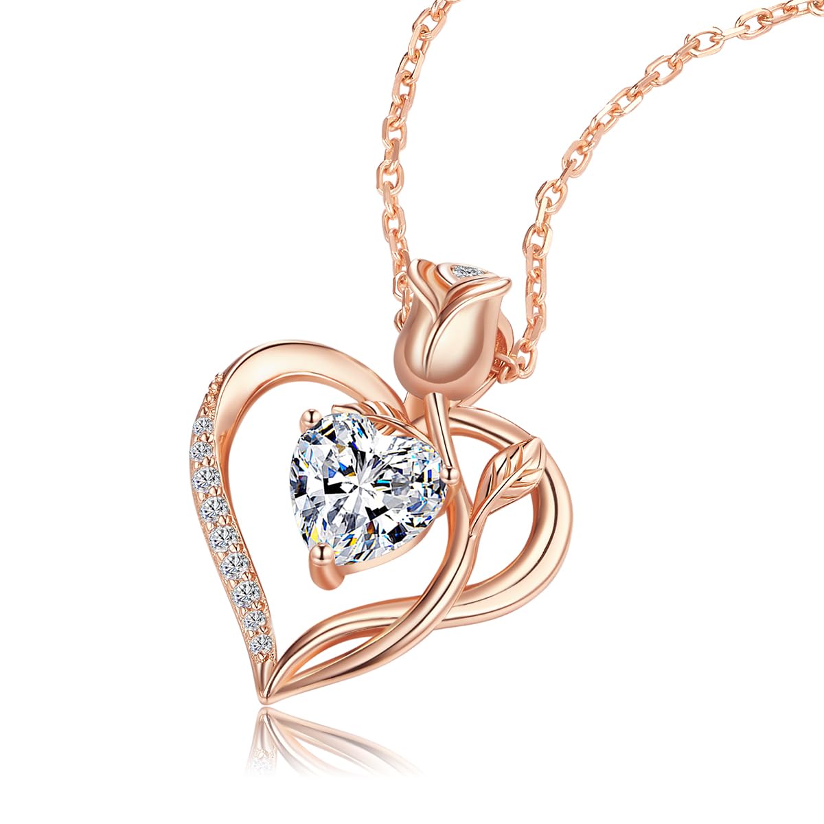 JACUPO 1.2CT Rose Heart Moissanite Necklace D Color VVS1 S925 18K Rose Gold For Wife Girlfriend Mom Daughter for Wedding Anniversary Birthday Christmas Conveys I Love You Message