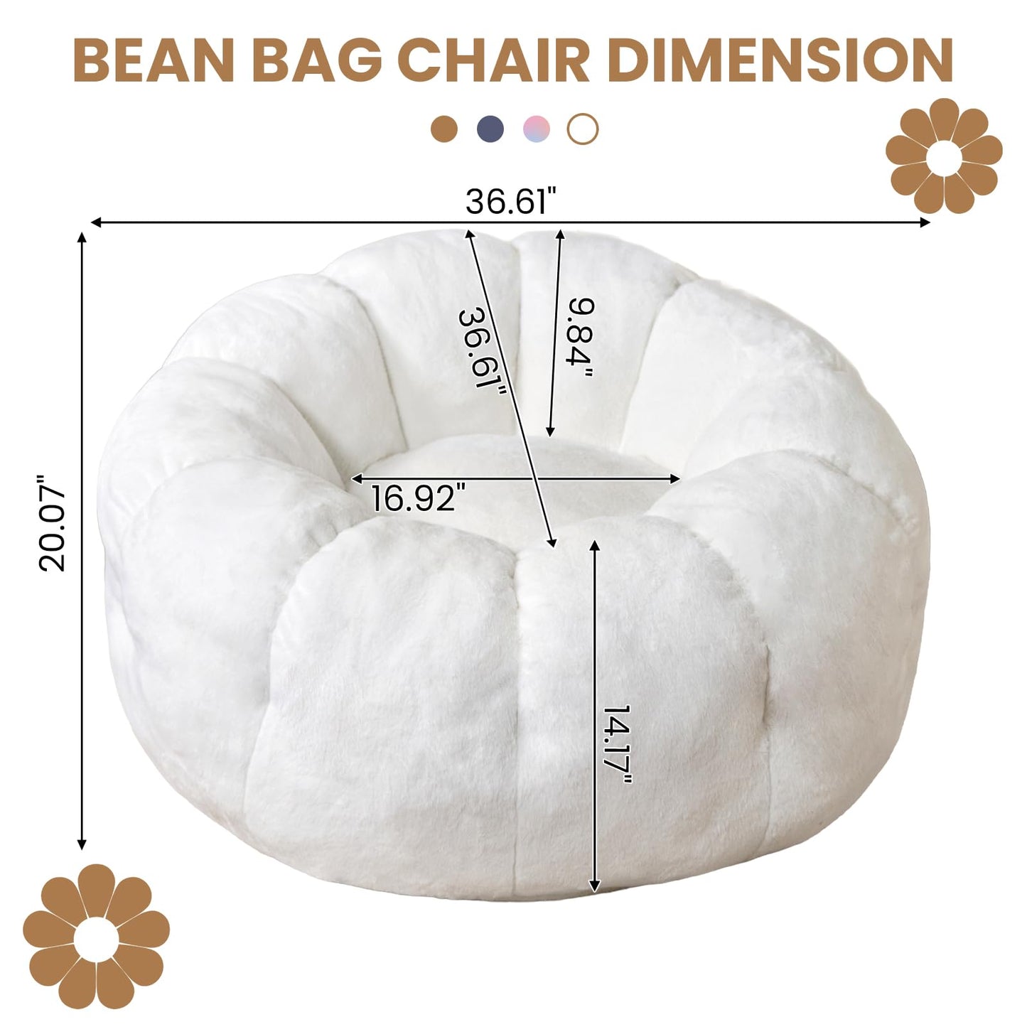 LinkRomat Bean Bag Chairs for Adults, Faux Fur Reading Chair with Petal Arm Rest Fluffy Comfy Chair for Bedroom, Living Room, Dorm, Game - White, Large, Low Support