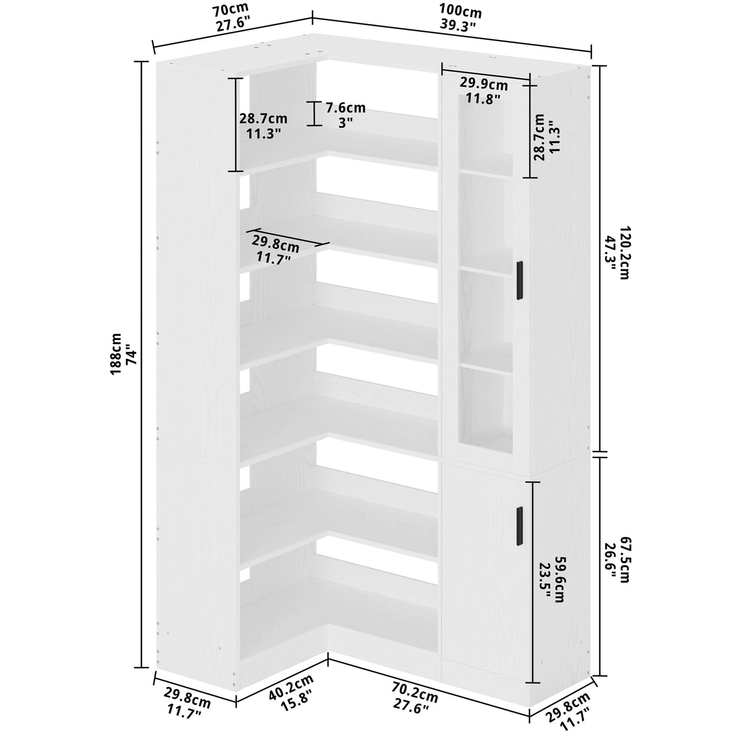 IRONCK Corner Bookshelf, 6-Tier Bookshelf with Doors and Storage, L Shaped Corner Bookshelf for Bedroom, Living Room