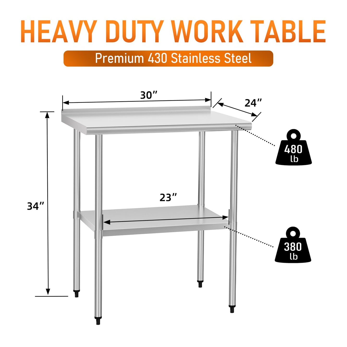 HOCCOT Stainless Steel Table 24" x 30" with Adjustable Undershelf and Backsplash, Commercial Metal Workstations for Kitchen, Garage, Outdoor BBQ