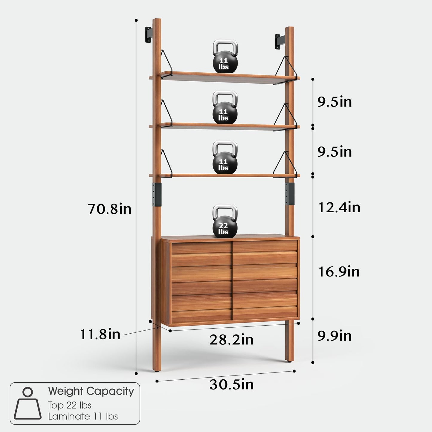 JOINICE, Ladder Bookshelf with Storage Cabinet, Mid Century Modern Bookcase, Wall Mounted Bookshelf with Wood and Metal Frame, 6 Tier Open Display Rack for Living Room, Bedroom, Home Office, Cherry