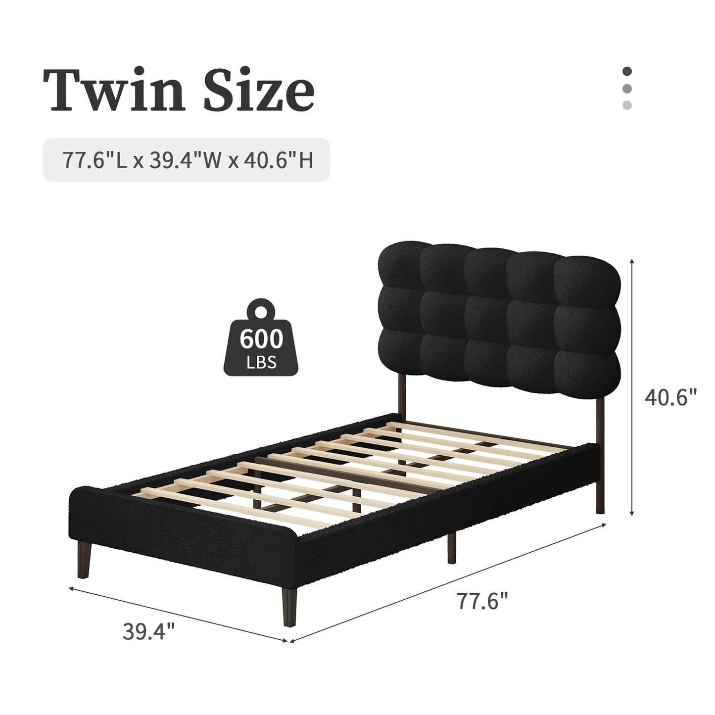 Twin Bed Frame with Upholstered Headboard, Platform Bed with Strong Wooden Slats Support, Two Bed Forms Design, No Boxing Spring Needed, Easy Assembly, Black