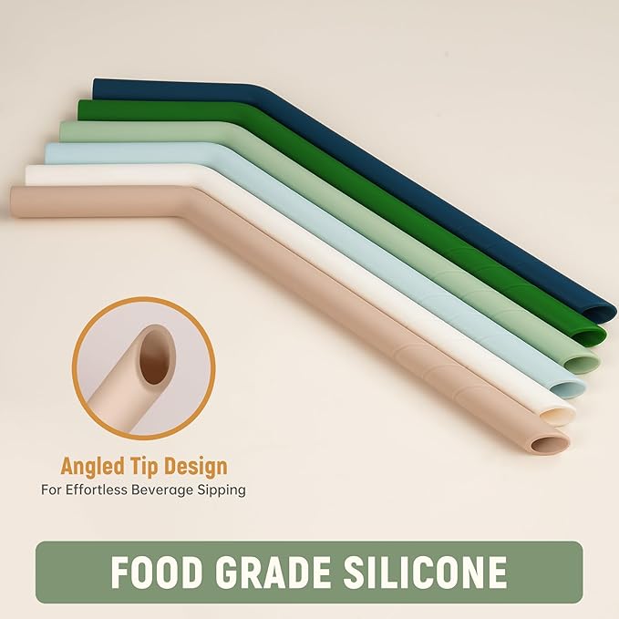 NiHome 6PCS Extra Wide Reusable Bent Silicone Straws for Boba, Smoothies, Bubble Tea, Eco-Friendly Bent Straws for Thick Drinks, Child-Safe, Customizable Length, 2 Brushes for Cleaning (Nature Colors)