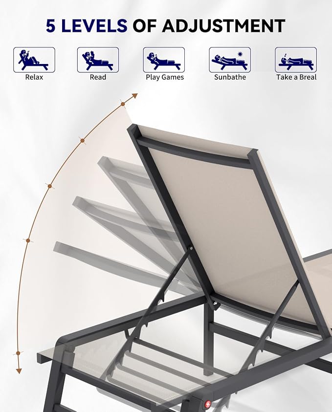 FHVIT Aluminum Chaise Lounge Chair Outdoor, Foldable Patio Lounge Chair Assemble-Free, Pool Lounge Chairs with 5 Adjustable Backrest, Outdoor Lounge Chairs for Outside Poolside Beach Lawn Grey