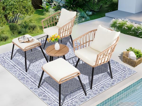PORWEY 5 Piece Patio Bistro Set with Ottoman, Outdoor Wicker Apartment Balcony Furniture Sets, Rattan Table and Chairs Set of 2 for Porch Backyard Deck, Yellow,Beige