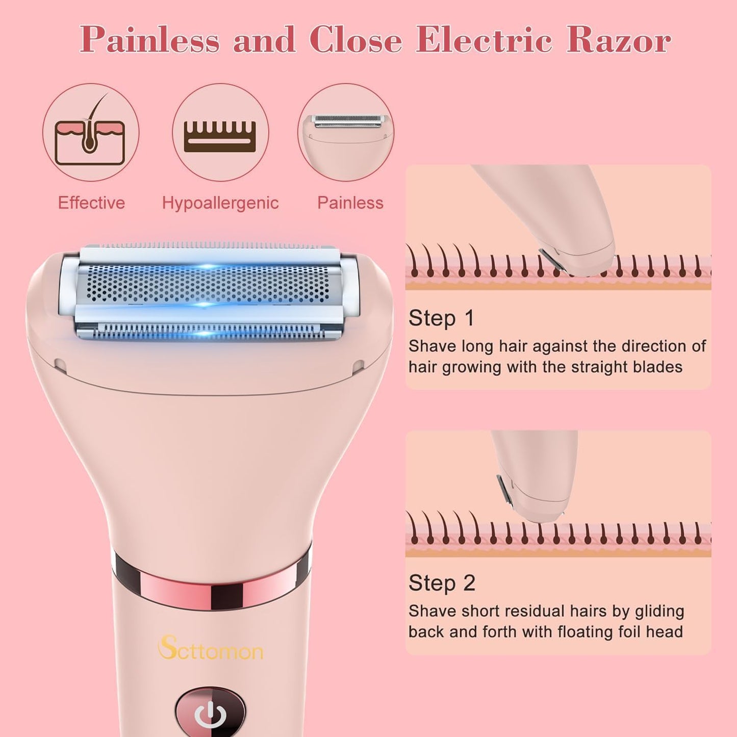 Scttomon 3-in-1 Electric Razor IPX7 Waterproof Bikini Trimmer Wet & Dry Use Painless Personal Trimmer Groomer for Ladies Face Bo