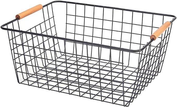 LeleCAT Large black wire basket for Organizing with Wooden Handles,pantry refrigerator organizers and storage,Snack Storage Baskets for Cabinets, Closets, Bedrooms, kitchen -2pack(Black)